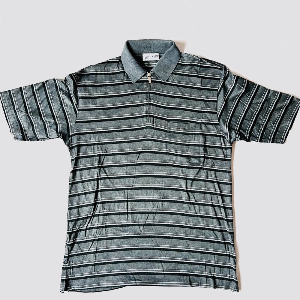 Vintage Lanvin Paris polo shirt striped cotton Grey black quarter Zip logo XXL